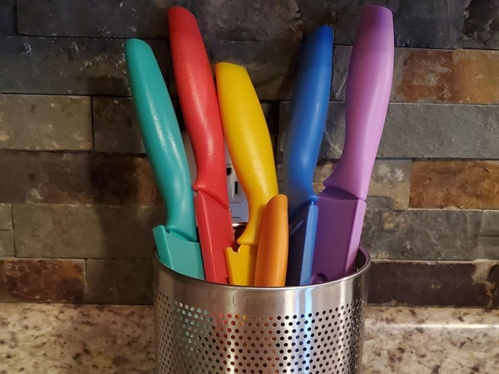 multiple cuisinart color knives in stainless holder