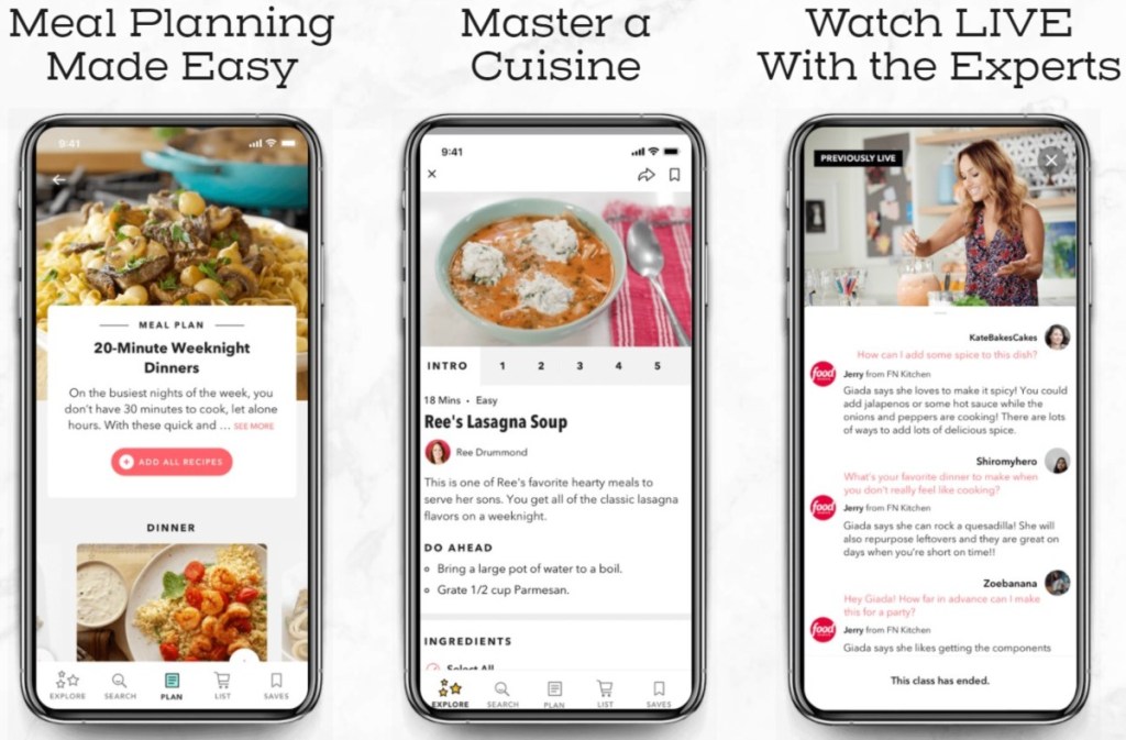 Food Network Kitchen app shown on 3 phone screens