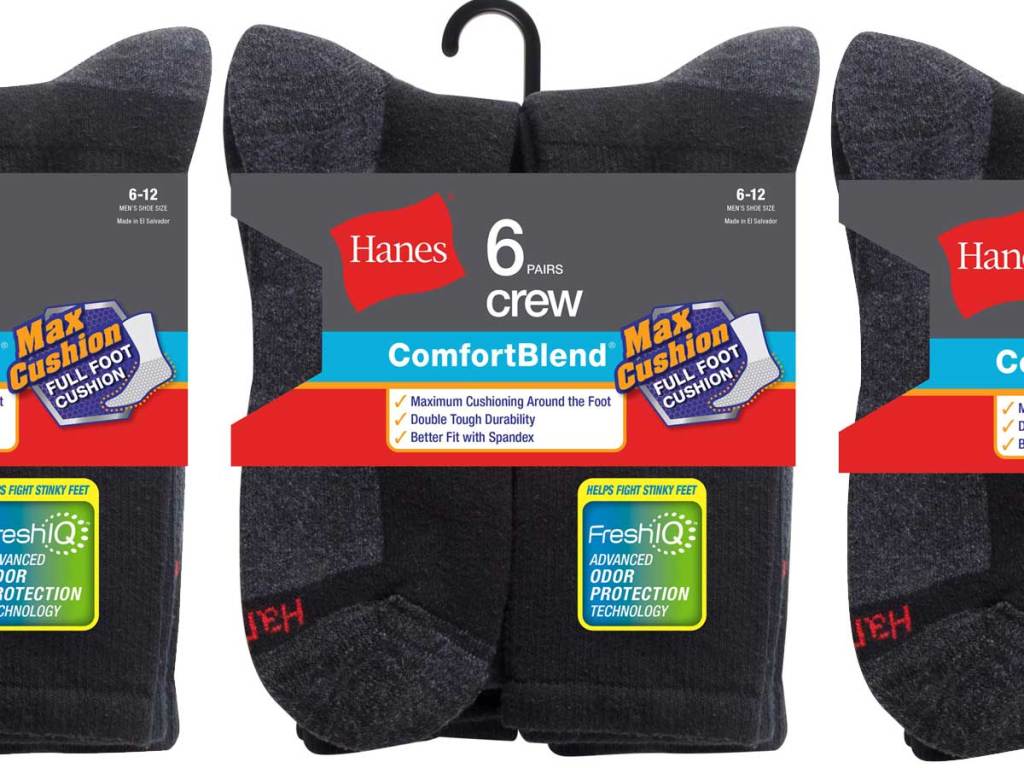 black and grey 6-packs of hanes socks