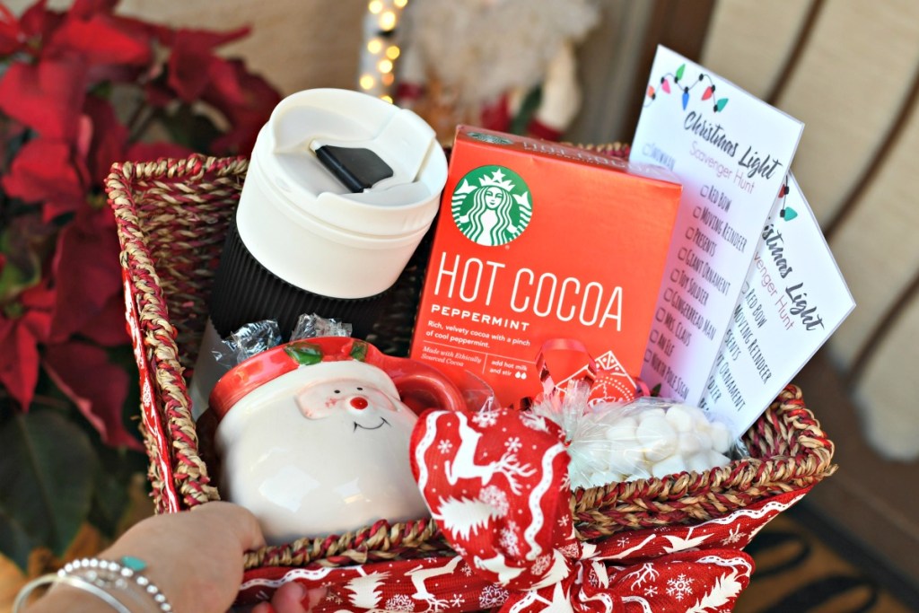 hot cocoa gift basket with free printable scavenger hunt cards