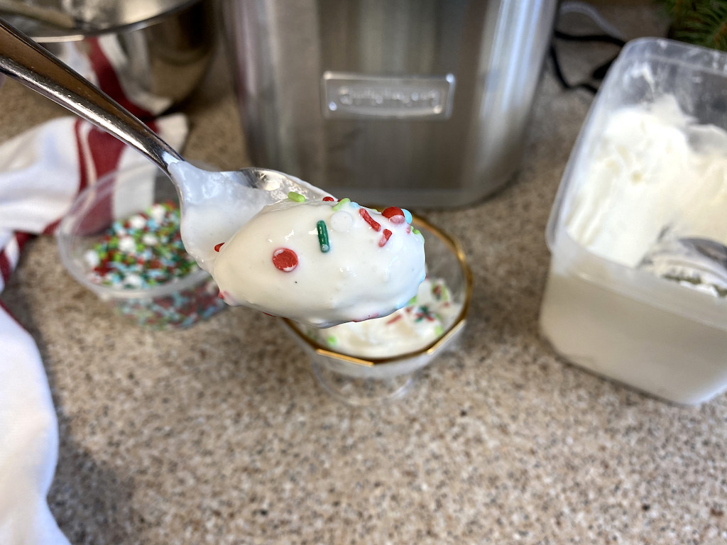 ice cream on spoon with sprinkles