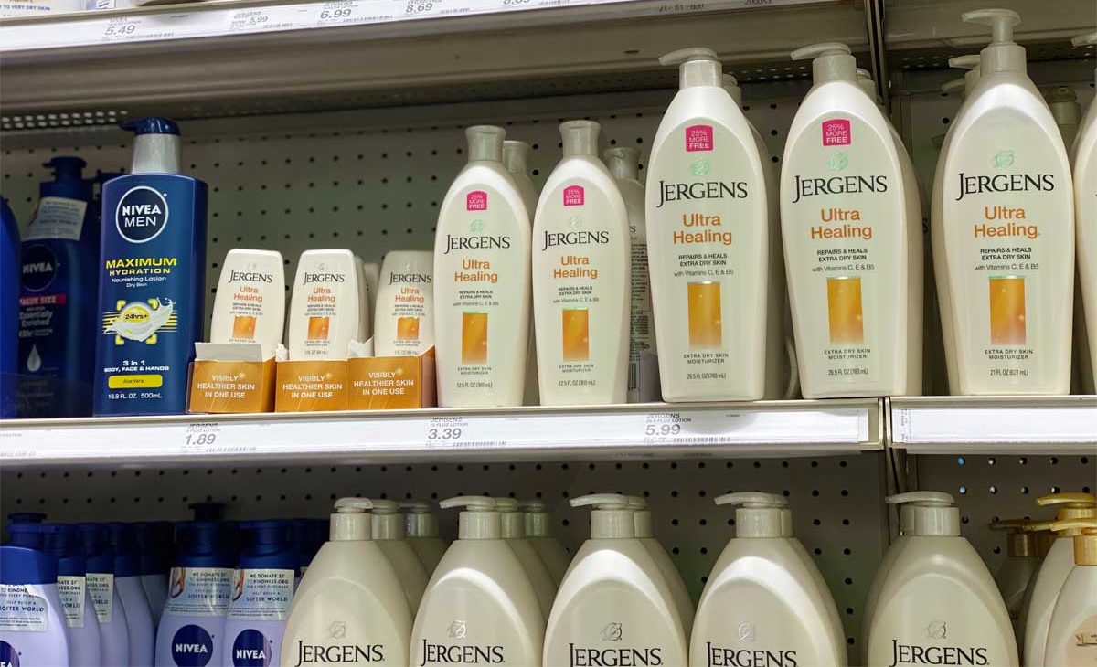 bottles of jergens lotion on shelf