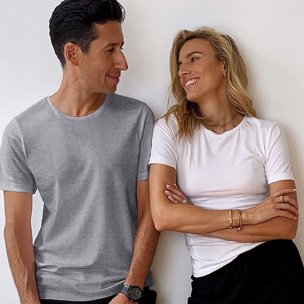man and woman wearing t-shirts