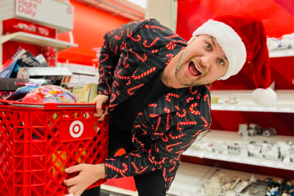 man in christmas outfit at target