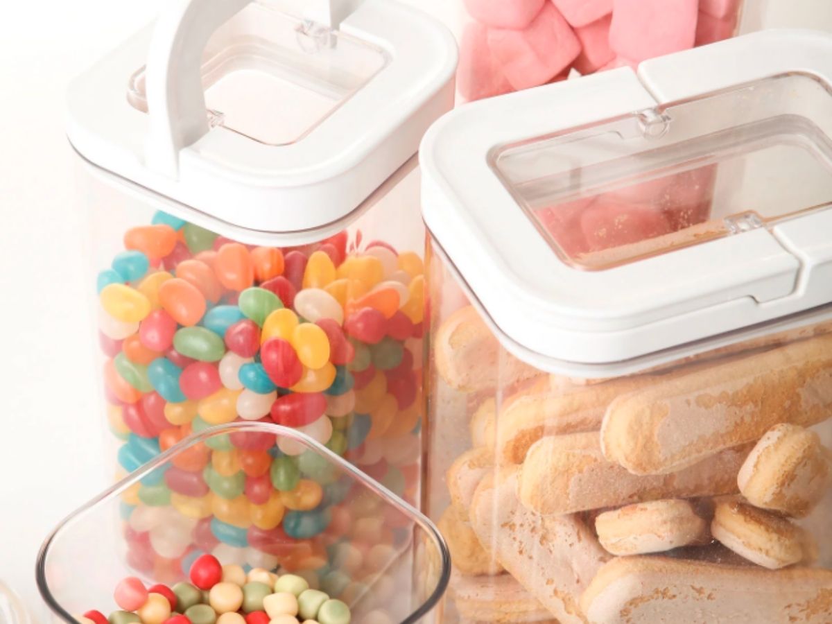 stock image of storage bins filled with candy and snacks