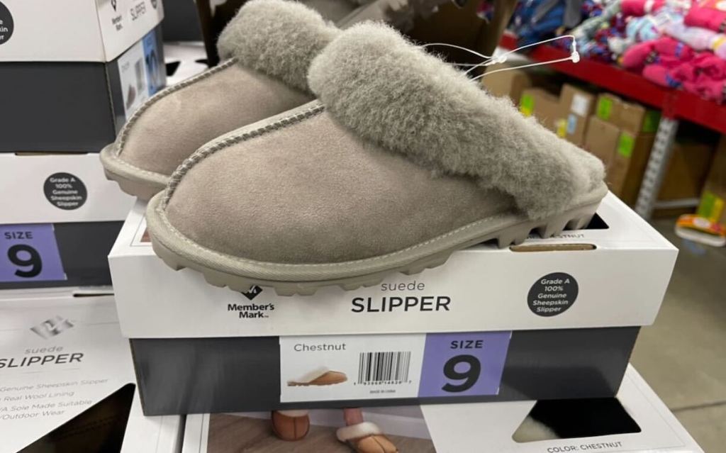 shoe box with faux fur gray slippers on top - sams club gifts