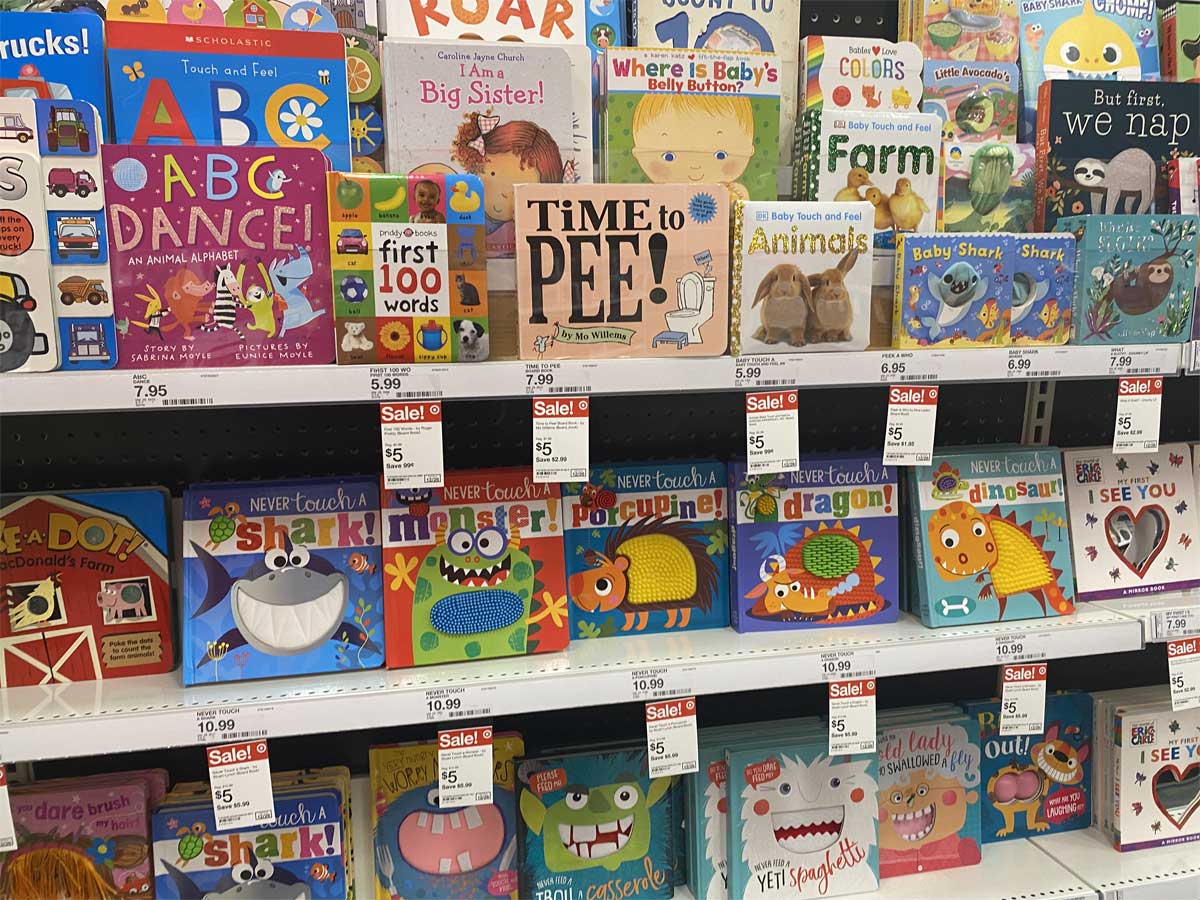 kids board books on a store shelf display