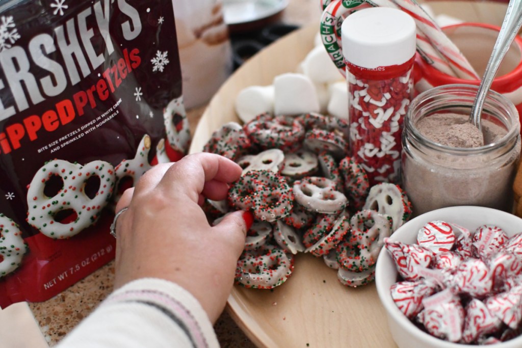 placing chocolate covered pretzels 