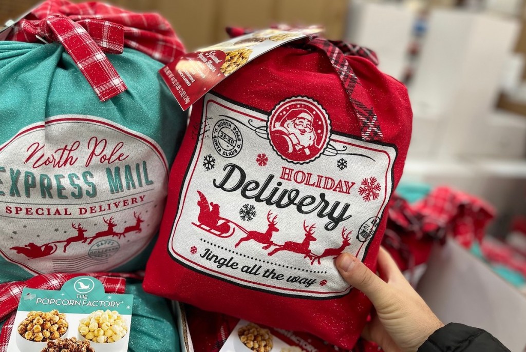 hand holding a red holiday north pole delivery bag - sams club gifts
