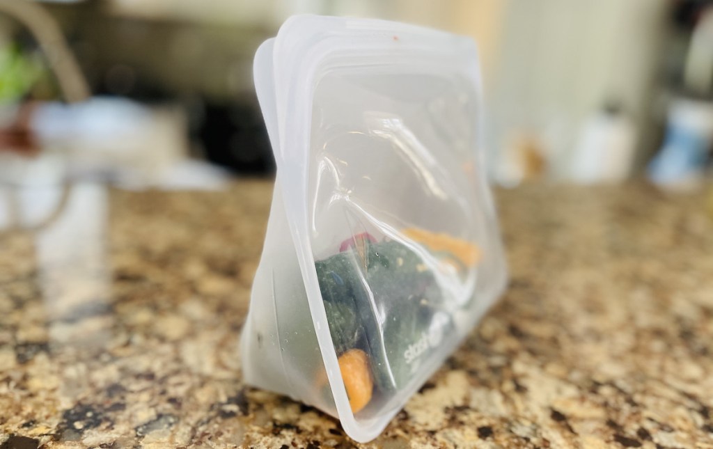 clear reusable bag standing up on countertop