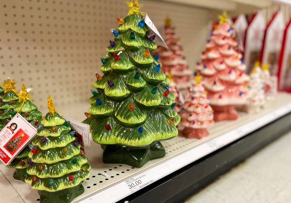 ceramic christmas trees on display at target