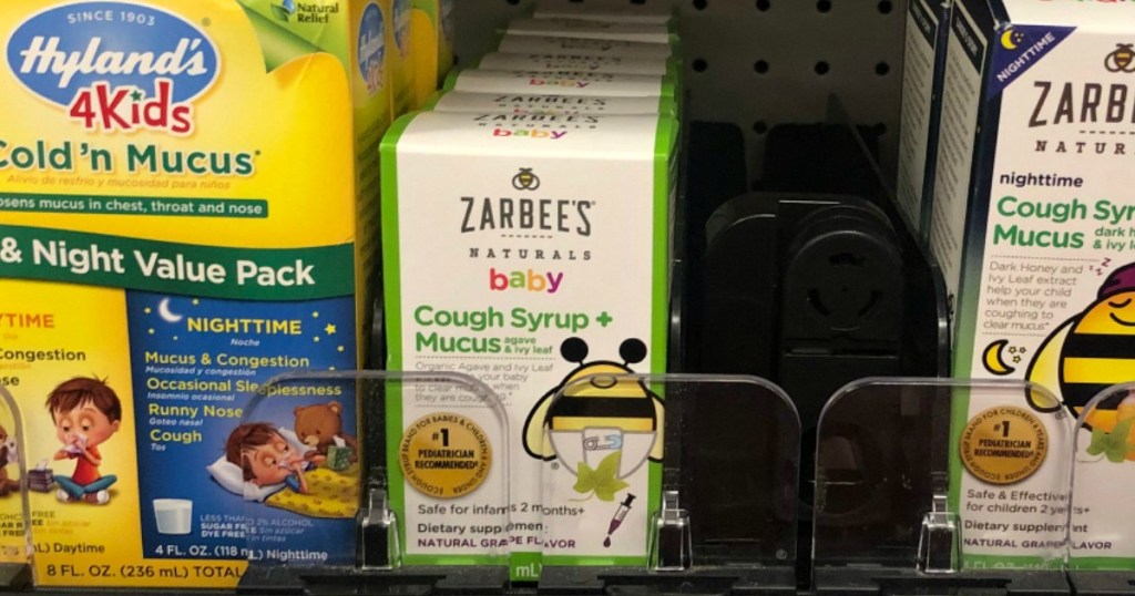 package of zarbees baby cough syrup on a store shelf