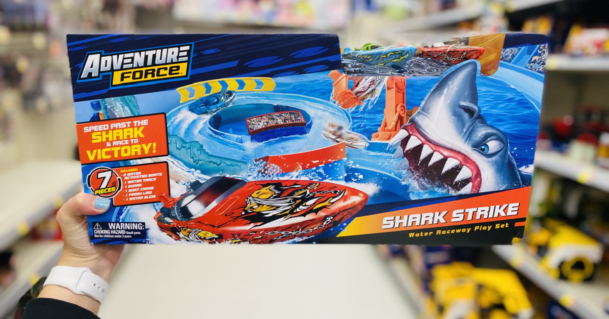 hand holding Adventure Force Shark Strike Water Raceway Play Set