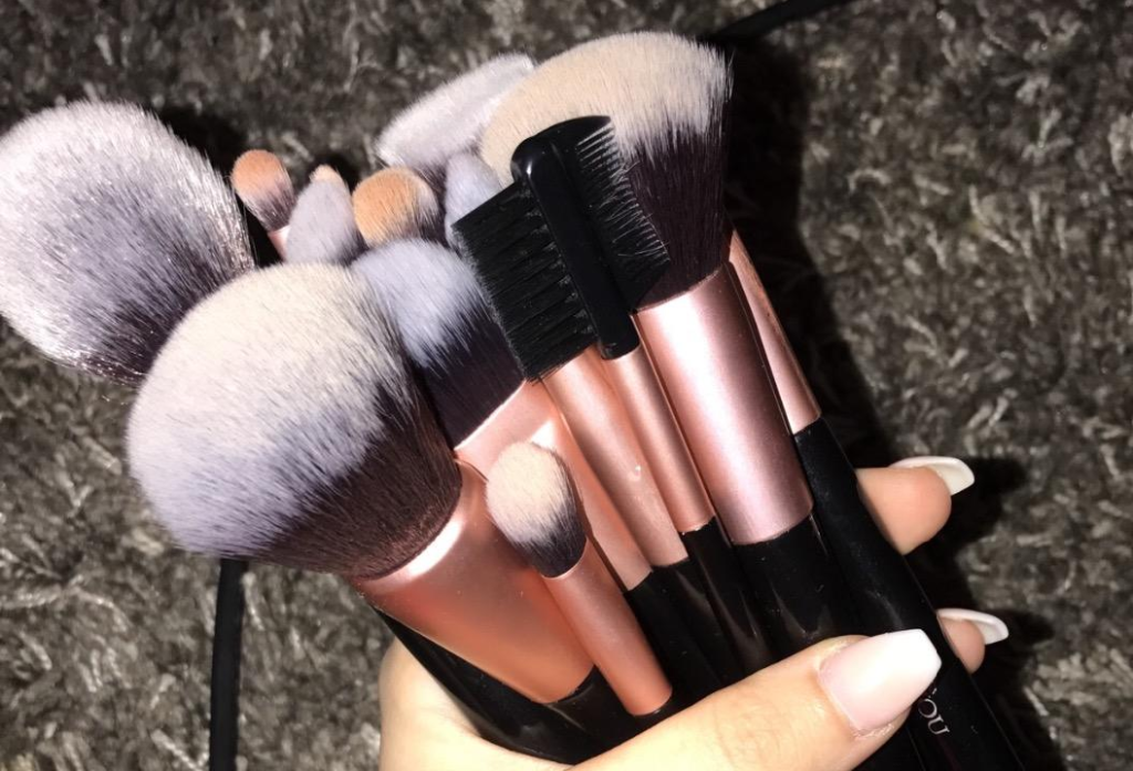 hand holding a bunch of makeup brushes