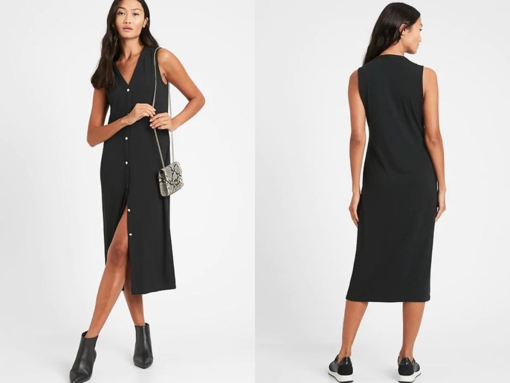 front and back of lady in Banana Republic Button Column Dress