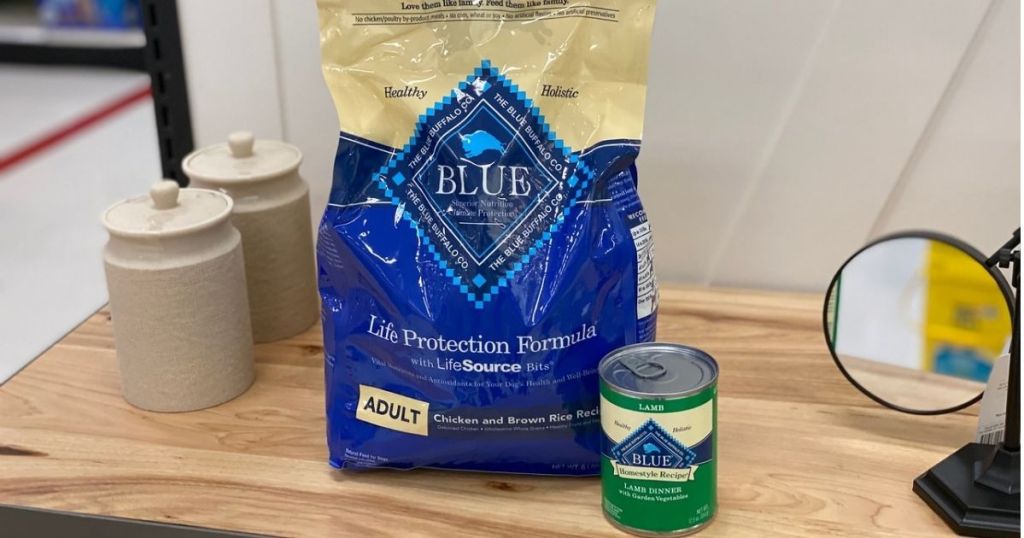 Blue Buffalo dry dog food and wet dog food can