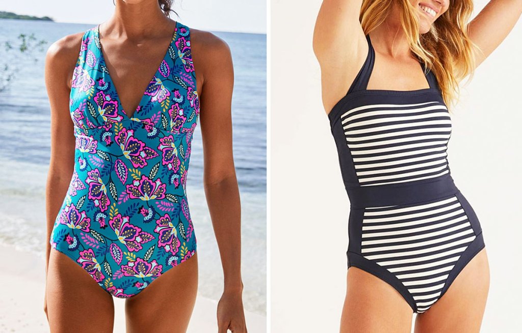 two women modeling floral and striped one-piece bathing suits