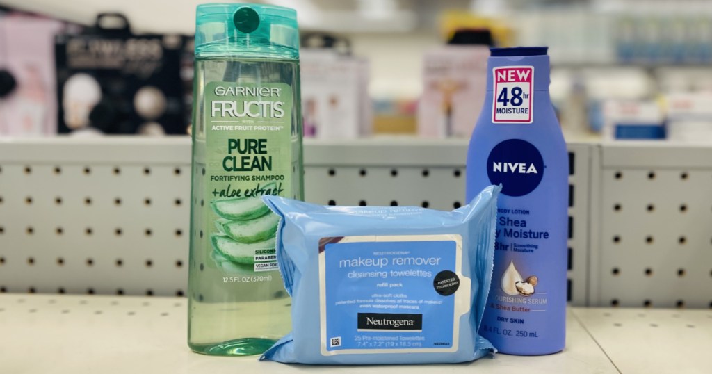 shampoo, facial wipes and lotion on shelf 