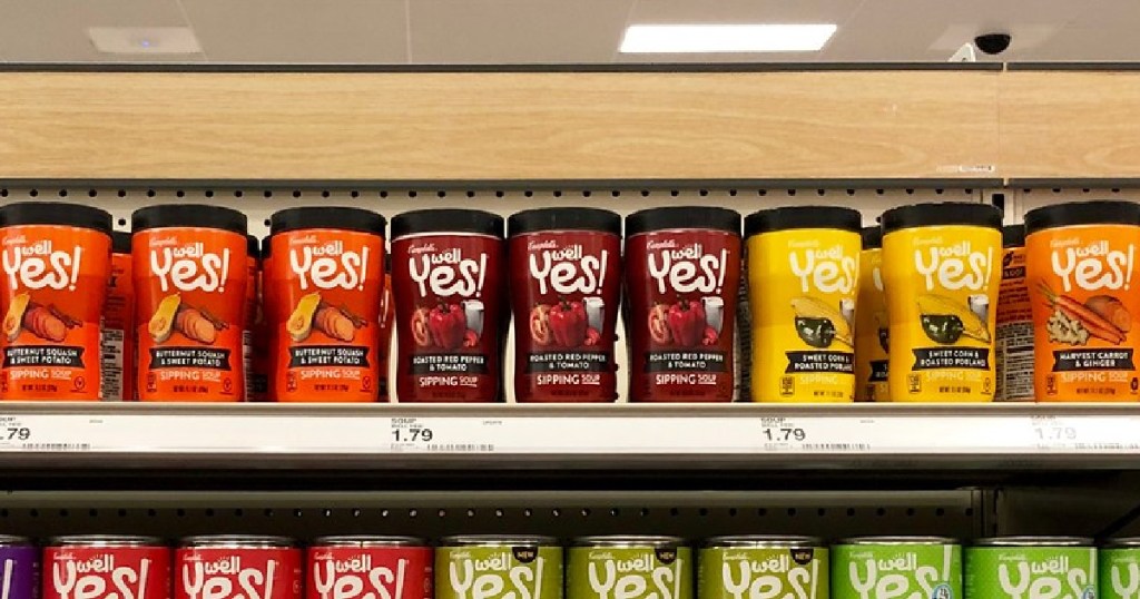 campbell's well yes sipping soup sitting on store shelf