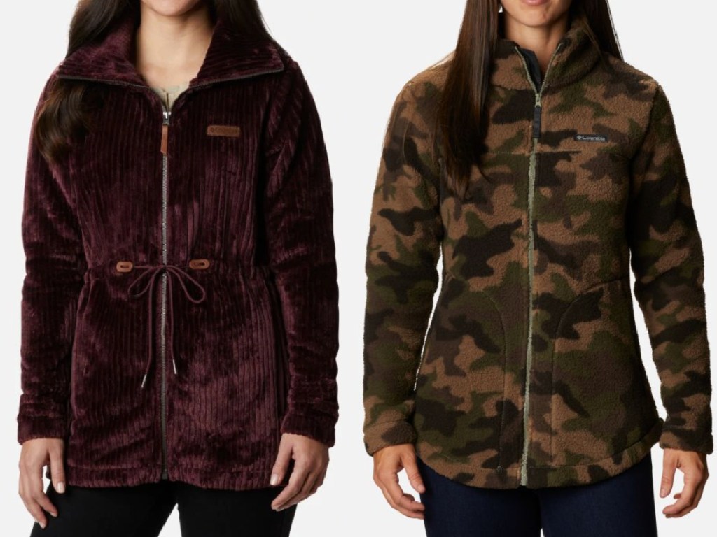 2 women wearing columbia full zip jackets