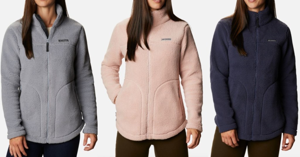 3 women standing next to each other wearing columbia fleece jackets