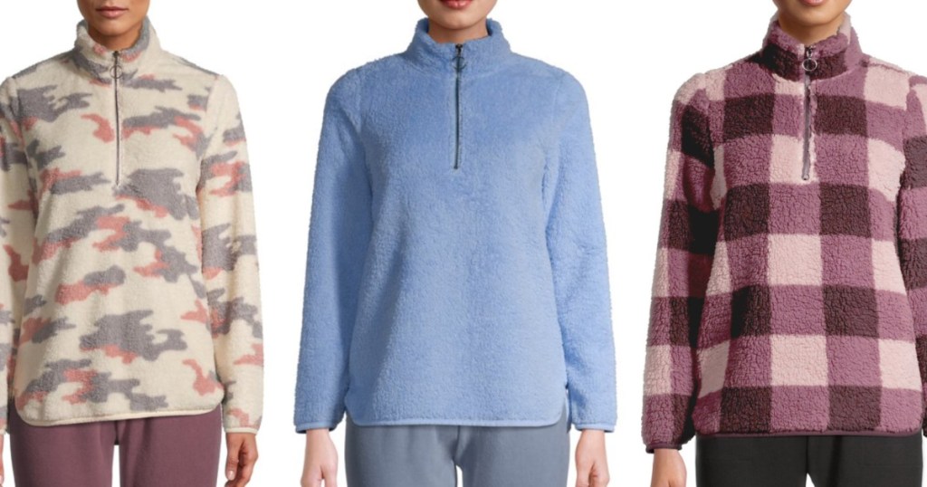3 women standing next to each other wearing sherpa 1/4 zip fleece
