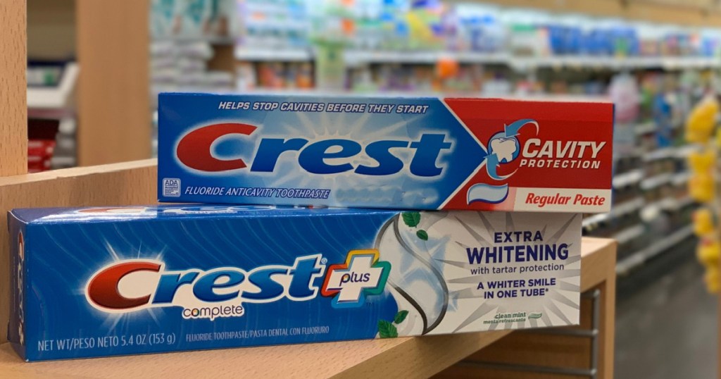 crest toothpaste on store shelf at walgreens