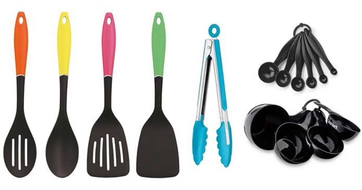 kitchen tools with colorful handles and measuring cup sets