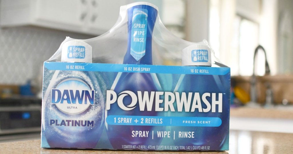 pack of dawn powerwash spray soap on kitchen counter