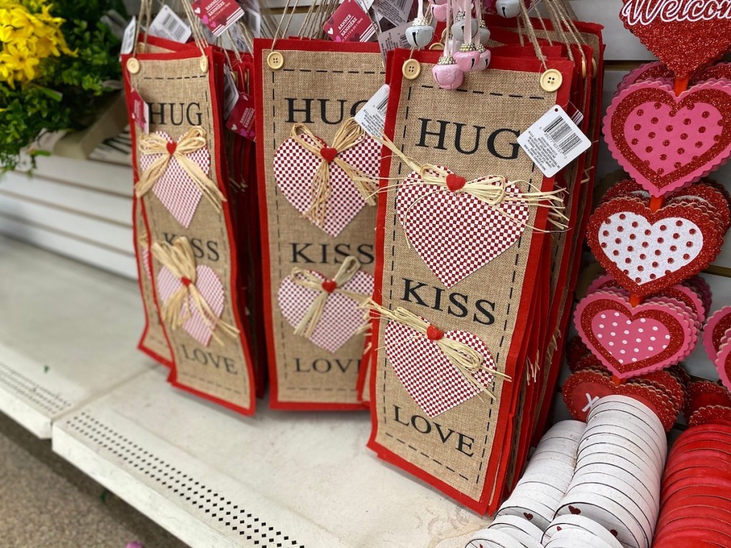 Felt & Burlap Verticle Valentine Banners at dollar tree saying hug, kiss, love