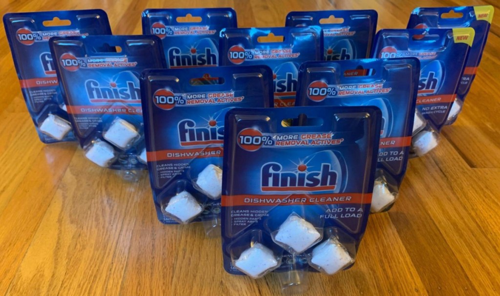 packs of dishwasher cleaner on wood floor