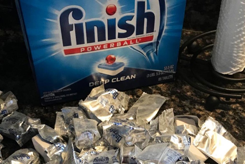 box of finish dishwasher tablets with them laid out in front of box