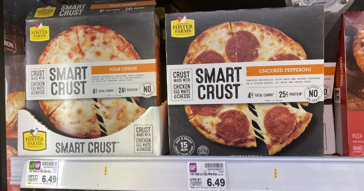 2 Foster Farms Smart Crust Pizzas in Kroger refrigerator case with prices