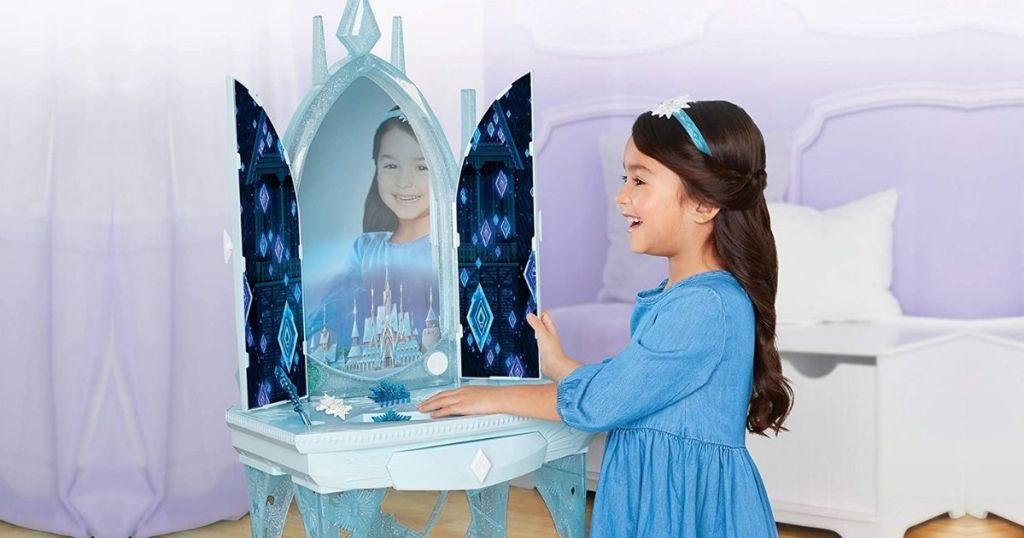 Little Girl Playing with Frozen 2 Elsa Vanity