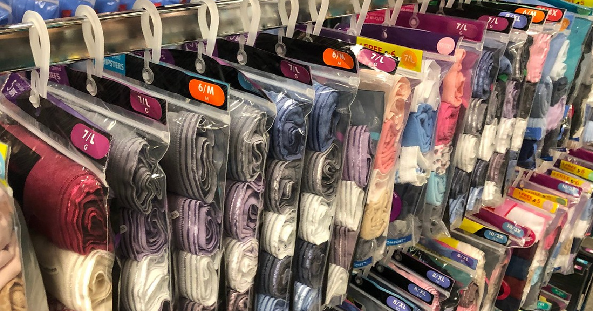 rows of packaged womens underwear on a store display