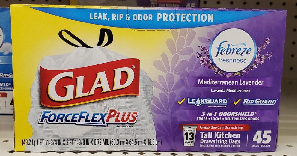 box of lavender-scented trash bags on store shelf