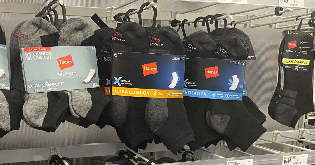 black sets of hanes men's socks on display at store