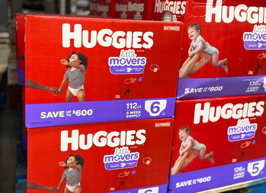red and purple boxes of huggies diapers at sams club
