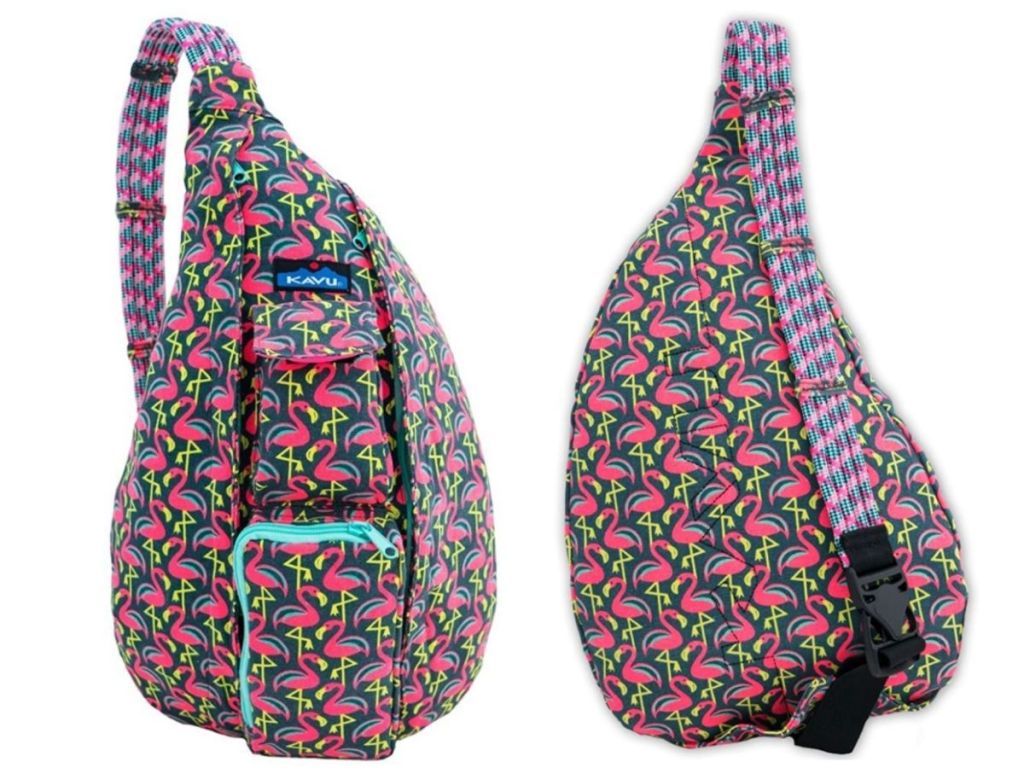front and back of Kavu Rope Bag Pink Flamingo