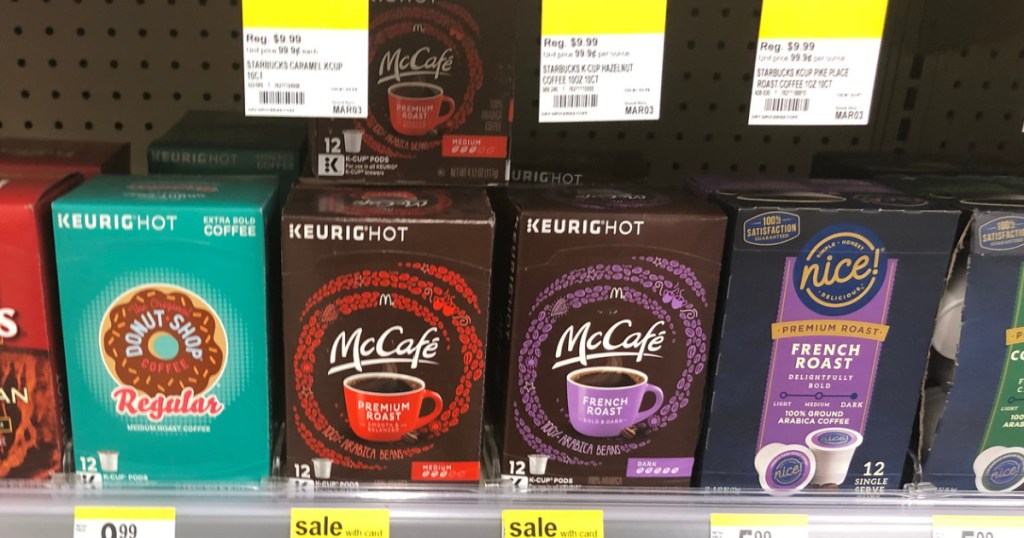 mccafe coffee k-cup pods on walgreens store shelf