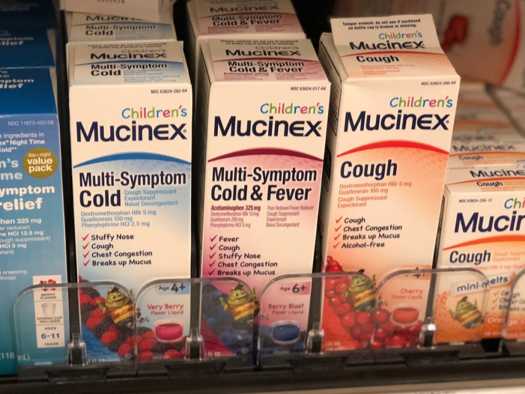 multiple mucinex children's on target store shelf