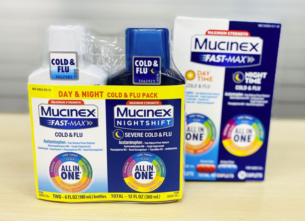 2-pack of bottles and box of tablets of Mucinex Fast Max medicines