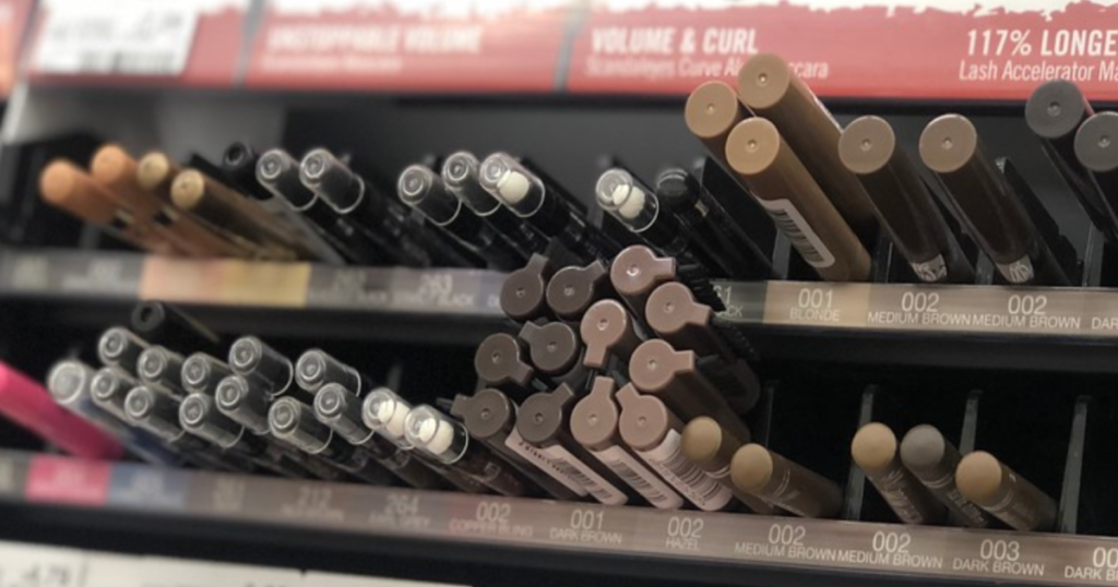 various eye liners on the shelves at a store