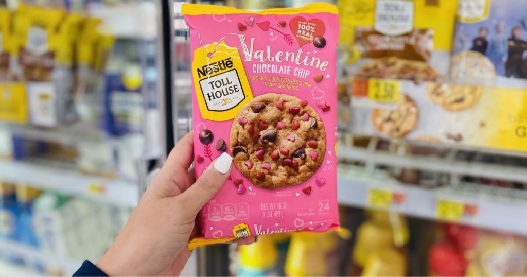 hand holding Nestle Toll House Valentine Chocolate Chip Cookie Dough