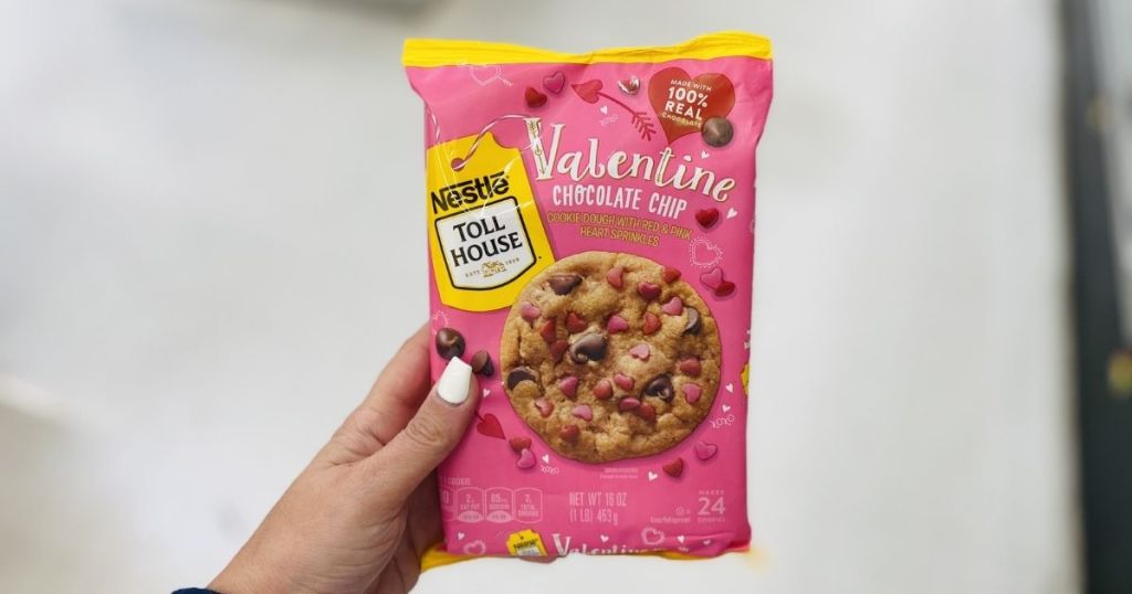 hand holding refrigerated Nestle Toll House Valentine Chocolate Chip Cookies