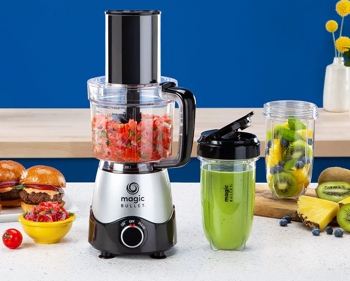 nutribullet food processor and two smoothie cups on kitchen counter