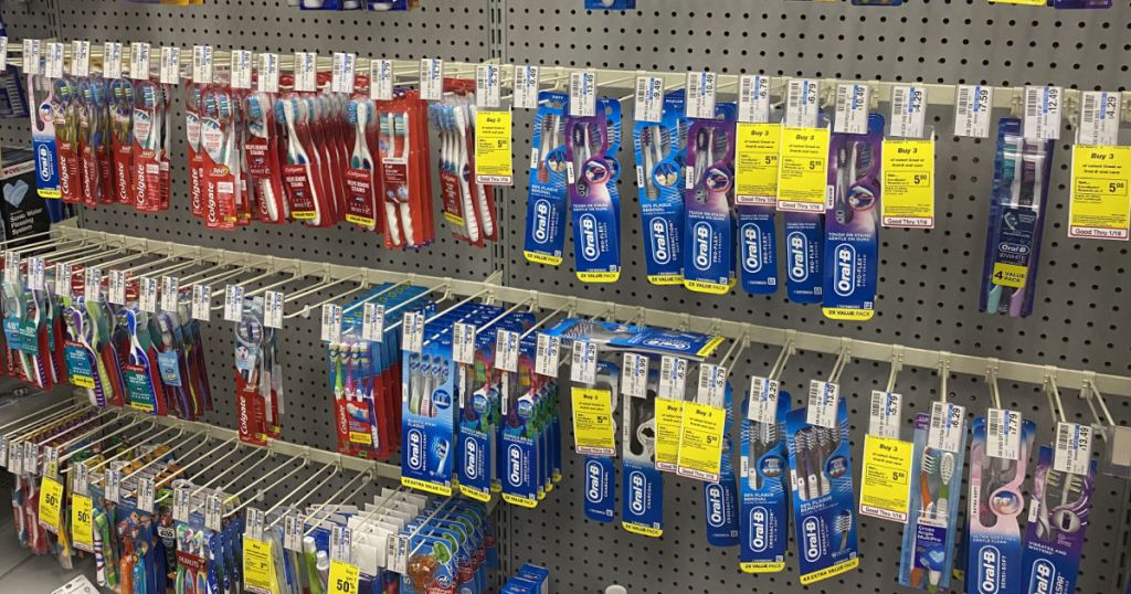 various toothbrushes on racks 