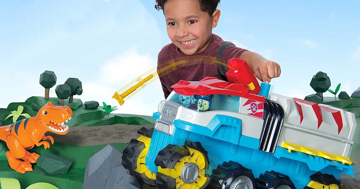 boy shooting off at orange t rex playing with PAW Patrol Dino Rescue Dino Patroller Motorized Team Vehicle with Exclusive Chase and T. Rex Figures