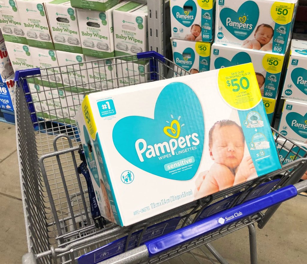 box of pampers baby wipes in sam's club shopping cart