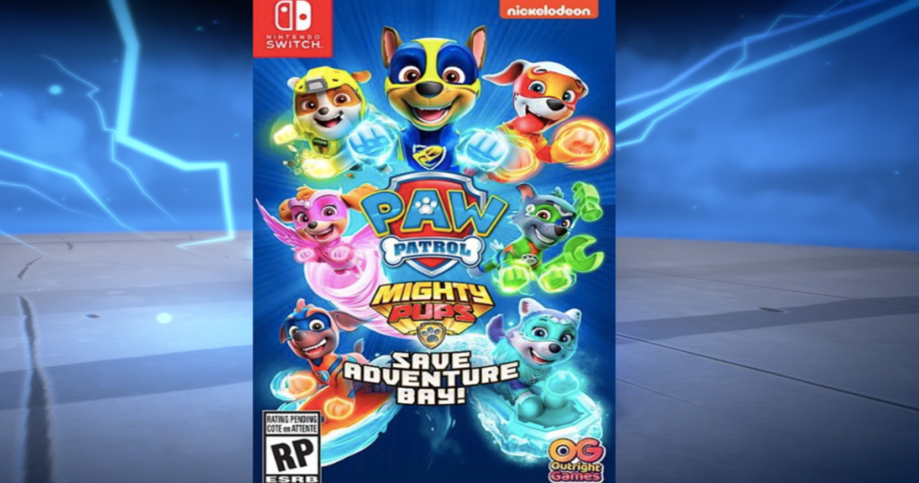 Paw patrol nintendo switch game with a lightning background 